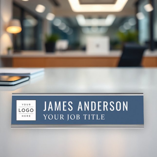 Modern Navy Blue Personalized Business Logo Desk Name Plate (Creator Uploaded)