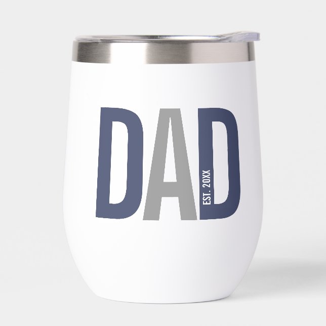 Modern Navy Blue Personalized Dad Established Thermal Wine Tumbler (Left)