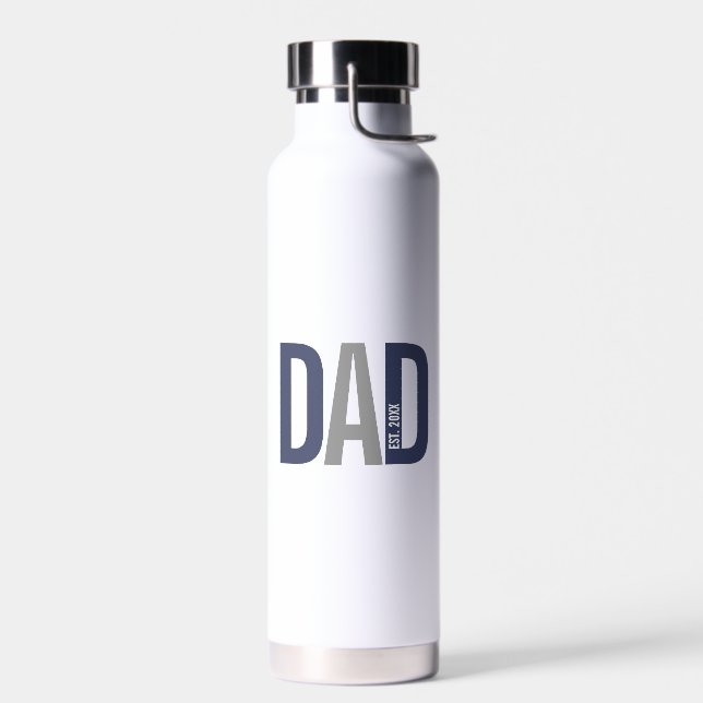Modern Navy Blue Personalized Dad Established Water Bottle (Left)