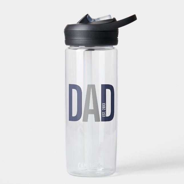 Modern Navy Blue Personalized Dad Established Water Bottle (Left)
