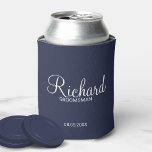 Modern Navy Blue Personalized Groomsman Can Cooler<br><div class="desc">Personalized Groomsman Gifts
featuring personalized groomsman's name in white modern script font style with title and wedding date in modern sans serif font style on navy blue background.

Also perfect for best man,  father of the bride,  bridesmaid,  maid of honor,  mother of the bride and more.</div>