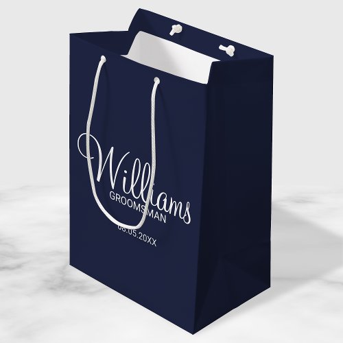 Modern Navy Blue  Personalized Groomsman Medium Gift Bag