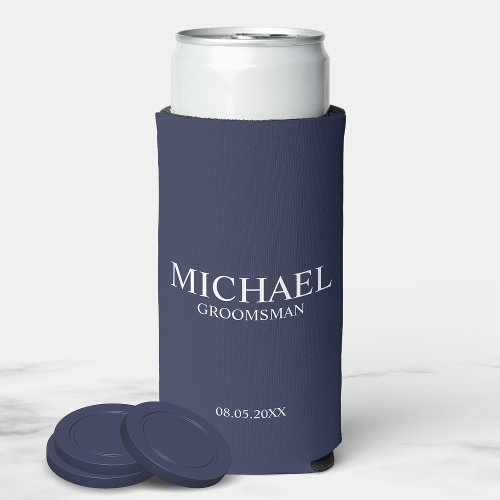 Modern Navy Blue Personalized Groomsman Seltzer Can Cooler