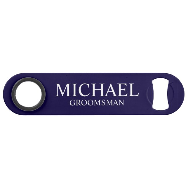 Modern Navy Blue Personalized Groomsman Speed Bottle Opener (Front (Horizontal))