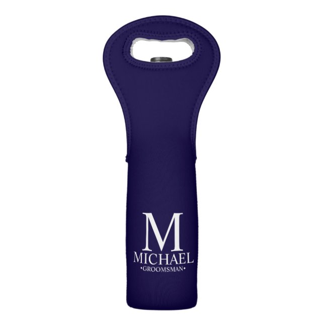 Modern Navy Blue Personalized Groomsman Wine Bag (Front)