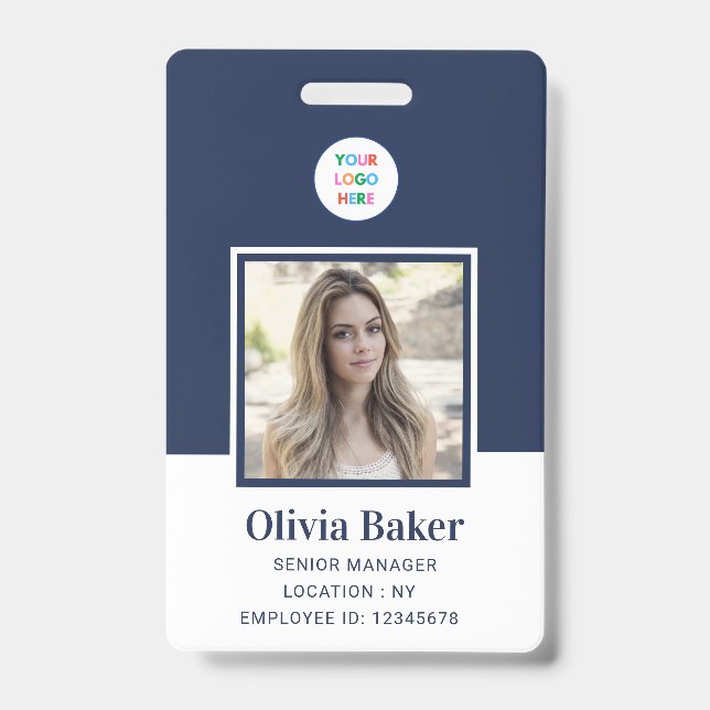 Modern Navy Blue Photo Barcode Business Logo Name Badge (Front)