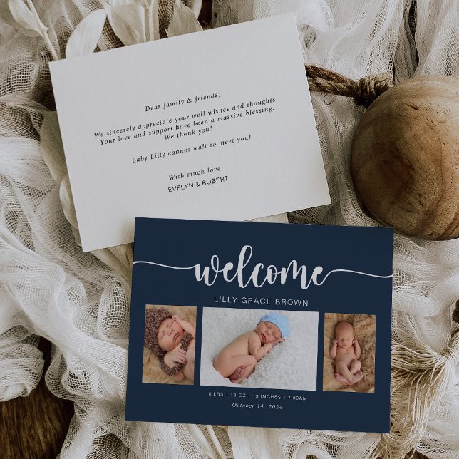 Modern Navy Blue Photo Birth Announcement Card (Creator Uploaded)