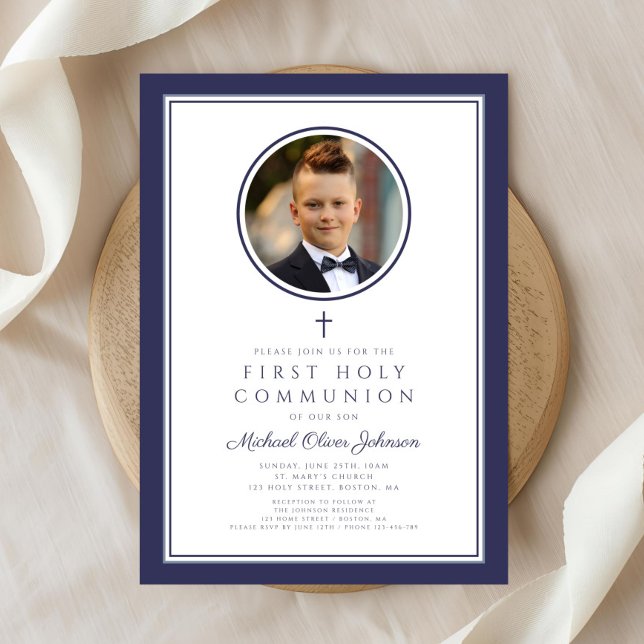 Modern Navy Blue Photo Boy First Communion Invitation (Modern Navy Blue Photo Boy First Communion Invitation)