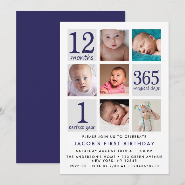 Modern Navy Blue Photo Collage First Birthday Invitation (Front/Back)