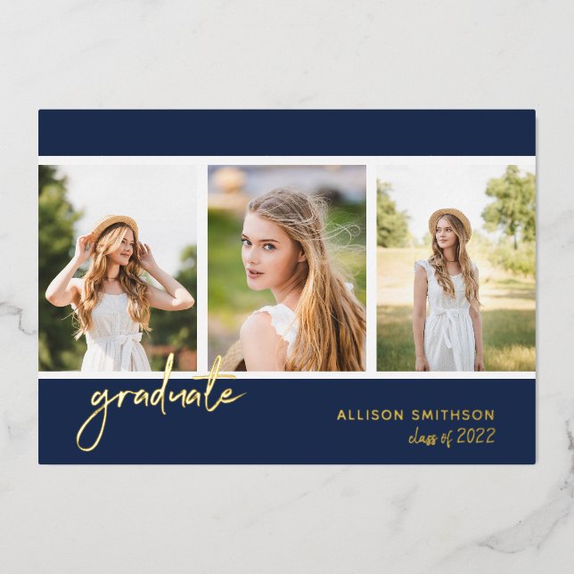 Modern Navy Blue Photo Collage Graduation Foil Invitation (Front)
