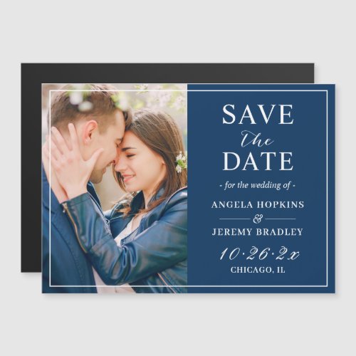 Modern Navy Blue Photo Frame Save the Date Magnet