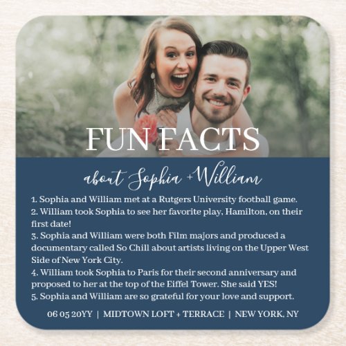 Modern Navy Blue Photo Fun Facts Wedding Square Paper Coaster
