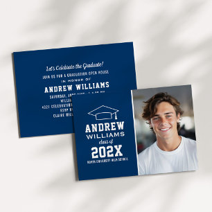 Modern Navy Blue Photo Graduation Open House Invitation