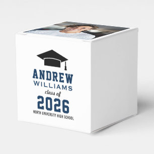 Modern Navy Blue Photo Graduation Party Favor Boxes