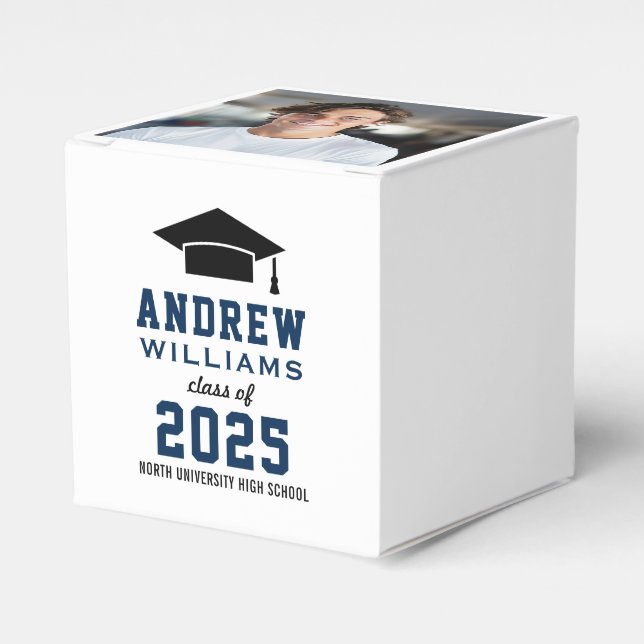 Modern Navy Blue Photo Graduation Party Favor Boxes (Front Side)