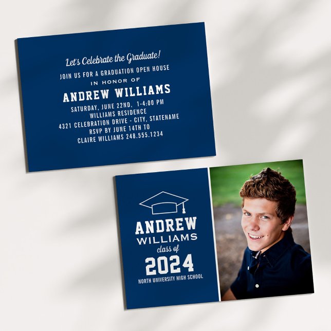 Modern Navy Blue Photo Graduation Party Invitation (Creator Uploaded)