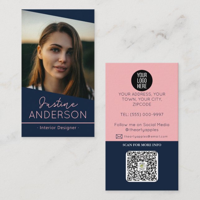 modern navy blue Photo logo QR code professional Business Card (Front/Back)