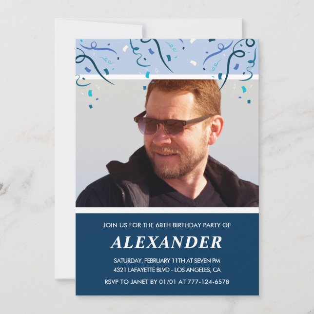 Modern Navy Blue Photo Man 68th birthday  Invitation (Front)