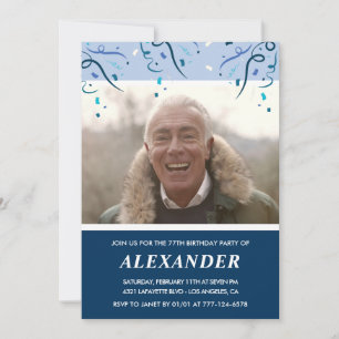 Modern Navy Blue Photo Man 77th birthday Invitation