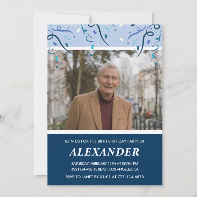 Modern Navy Blue Photo Man 88th birthday Invitation (Front)