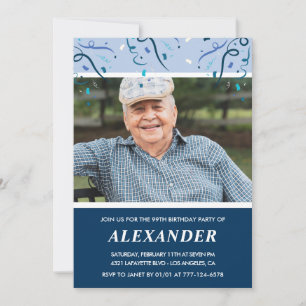 Modern Navy Blue Photo Man 99th birthday Invitation