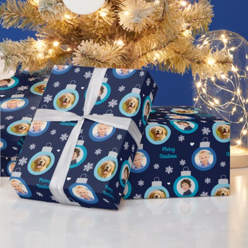 Modern Navy Blue Photo Ornaments Custom Christmas Wrapping Paper