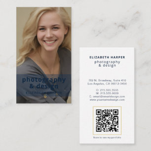 Modern Navy Blue Photo QR Code Professional Gold Business Card