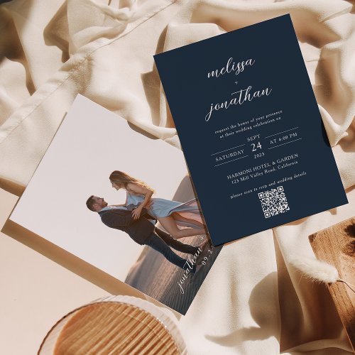 Modern Navy Blue Photo Script QR Code Wedding Invitation