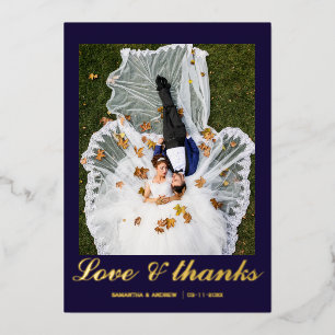 Modern navy blue photo wedding foil thank you card