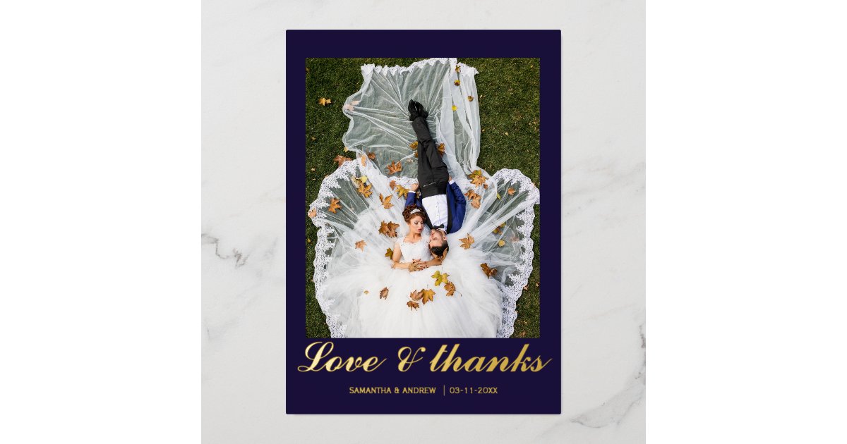 Modern navy blue photo wedding foil thank you card | Zazzle