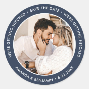 Modern Navy Blue Photo Wedding Save The Date Classic Round Sticker