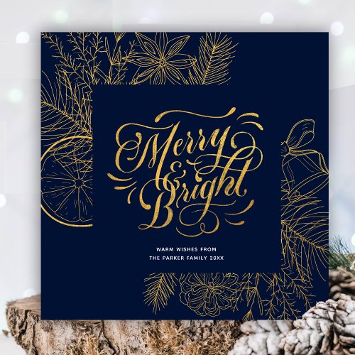 Modern Navy Blue Pine Bough Floral Gold Script Holiday Card