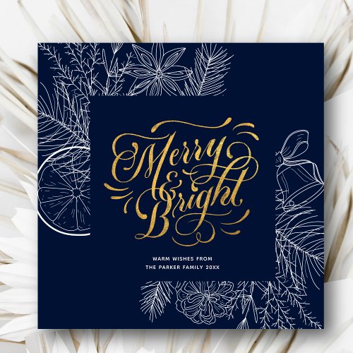 Modern Navy Blue Pine Bough Floral Gold Script Holiday Card