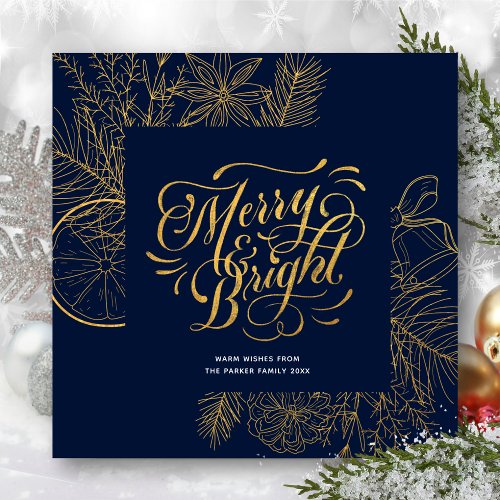 Modern Navy Blue Pine Bough Floral Gold Script Holiday Card
