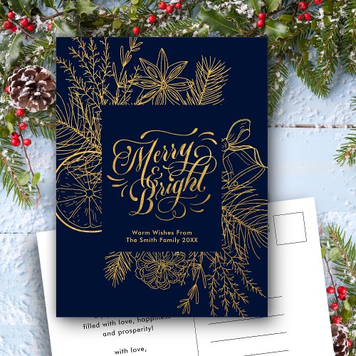 Modern Navy Blue Pine Bough Floral Gold Script Holiday Postcard