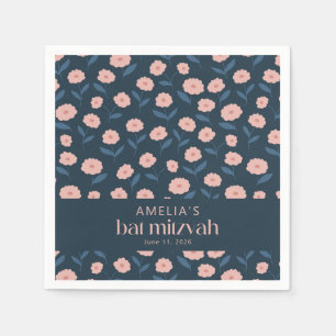 Modern Navy Blue Pink Boho Floral Bat Mitzvah Napkins