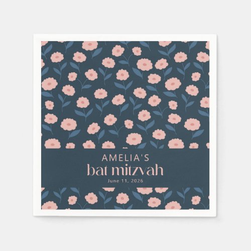 Modern Navy Blue Pink Boho Floral Bat Mitzvah  Napkins