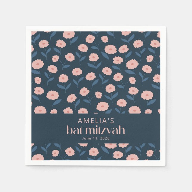 Modern Navy Blue Pink Boho Floral Bat Mitzvah  Napkins (Front)