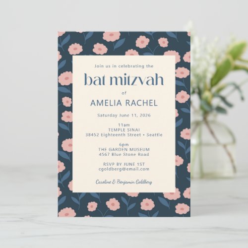 Modern Navy Blue Pink Boho Floral Bat Mitzvah RSVP Invitation