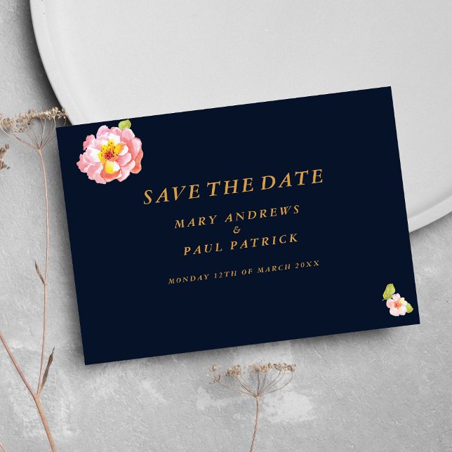 Modern navy blue pink coral floral Save The Date (Modern navy blue pink coral floral Save The Date)