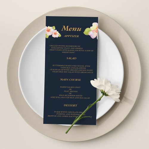 Modern navy blue pink coral floral Wedding Menu