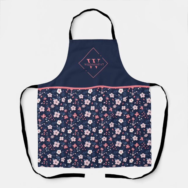 Modern Navy Blue Pink Floral Monogram Apron (Front)