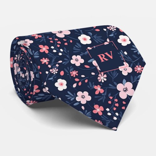 Modern Navy Blue Pink Floral Monogram Neck Tie