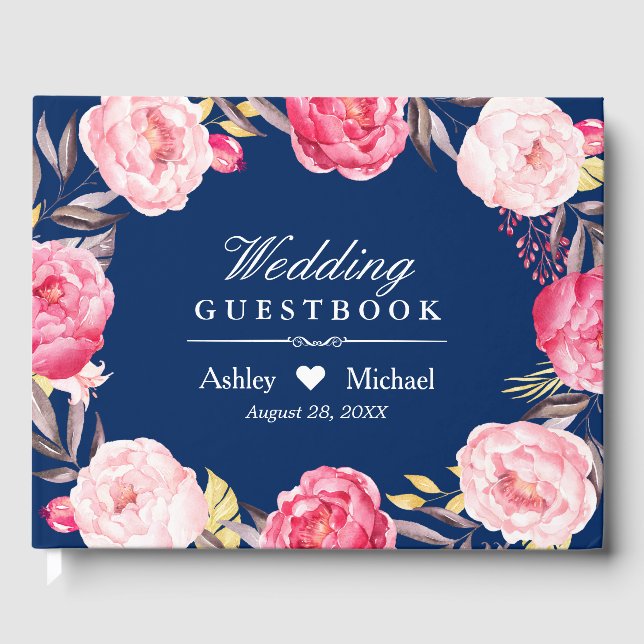 Modern Navy Blue Pink Floral Wreath Wedding Guest Book (Front)