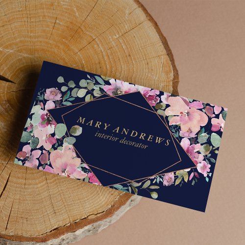 Modern navy blue pink gold interior designer busin business card