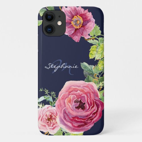 Modern Navy Blue Pink Peony Rose Floral Watercolor iPhone 11 Case