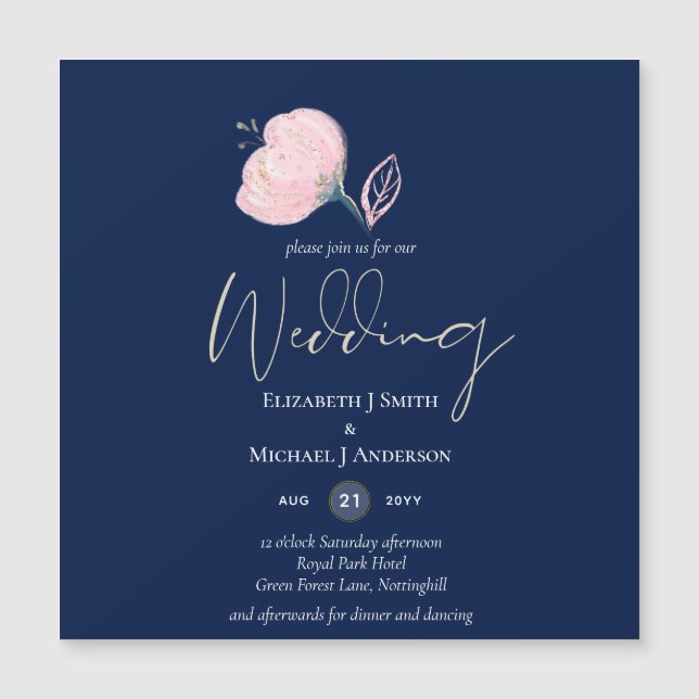 Modern Navy Blue Pink Rose Gold Wedding Budget (Front)
