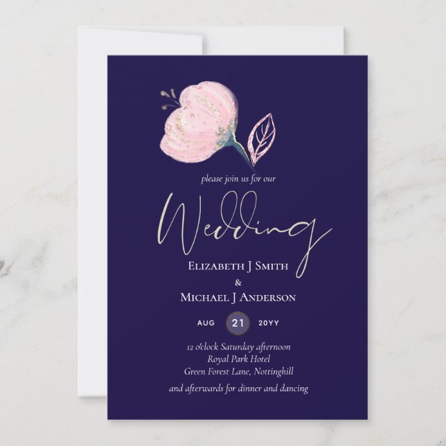 Modern Navy Blue Pink Rose Gold Wedding Budget (Front)
