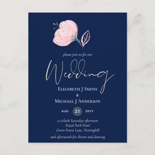 Modern Navy Blue Pink Rose Gold Wedding Budget Postcard (Front)