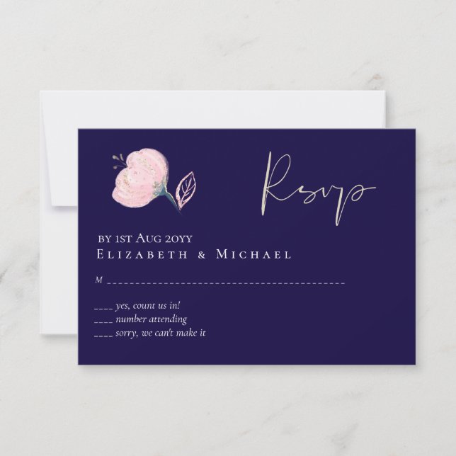 Modern Navy Blue Pink Rose Gold Wedding Budget RSVP Card (Front)